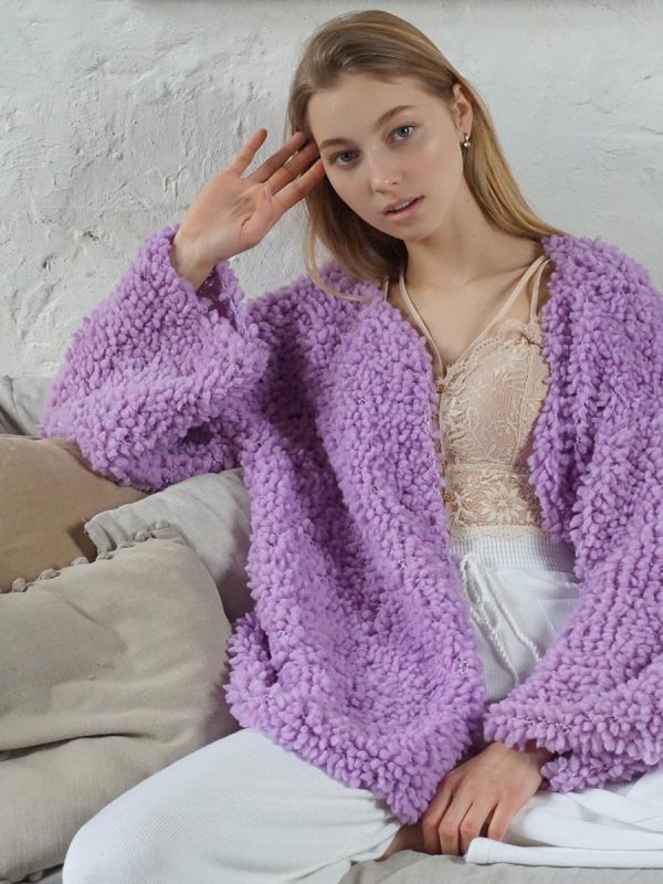 Boucle merino purple handknitted jacket