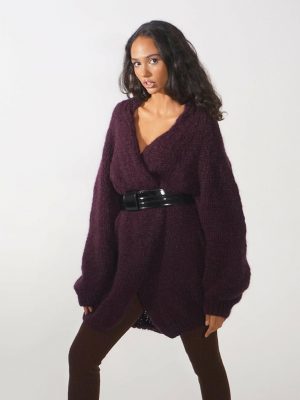 Purple belted fluffy mohair cardigan in deep purple color