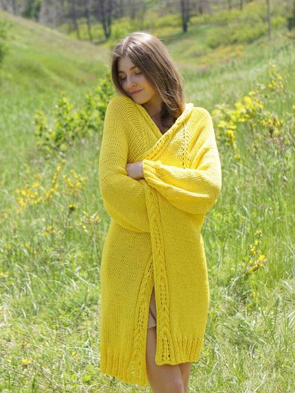 Yellow Cotton Long Cardigan - Perfect for Summer Layering, girl on the green field in yellow cardigan