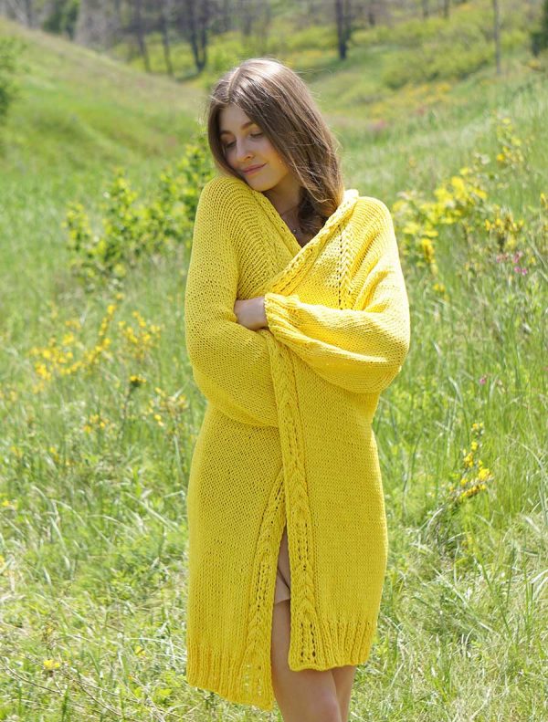 Yellow Cotton Long Cardigan - Perfect for Summer Layering, girl on the green field in yellow cardigan