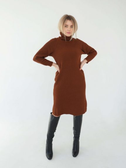 A model wearing a terracotta-colored turtleneck maxi dress made of merino wool. The dress features long sleeves and a fitted silhouette, perfect for a stylish and cozy winter look.