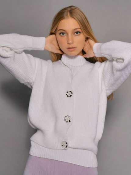 ront view of white cropped button-up cardigan for women