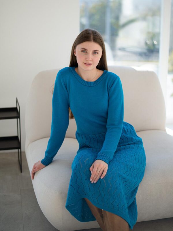 Girl sitting in Blue Long Knitted Casual openwork Dress